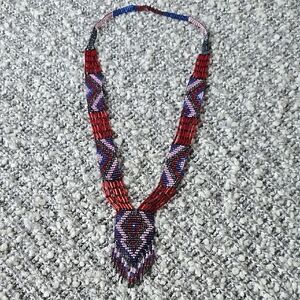 Vintage Red and Pink Geometric Statement Necklace with Pendant